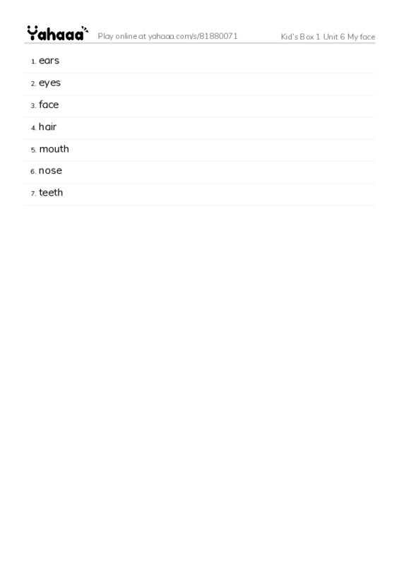Word list with meanings worksheet for Kid's Box 1 Unit 6 My face