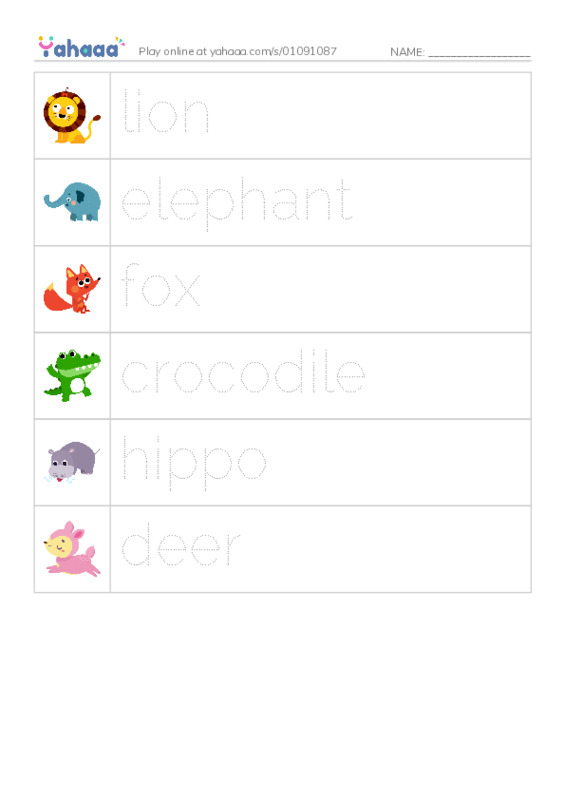 Picture and word rows worksheet for zoo game