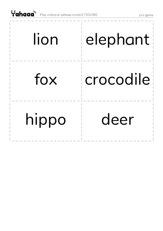 Word flashcards worksheet for zoo game