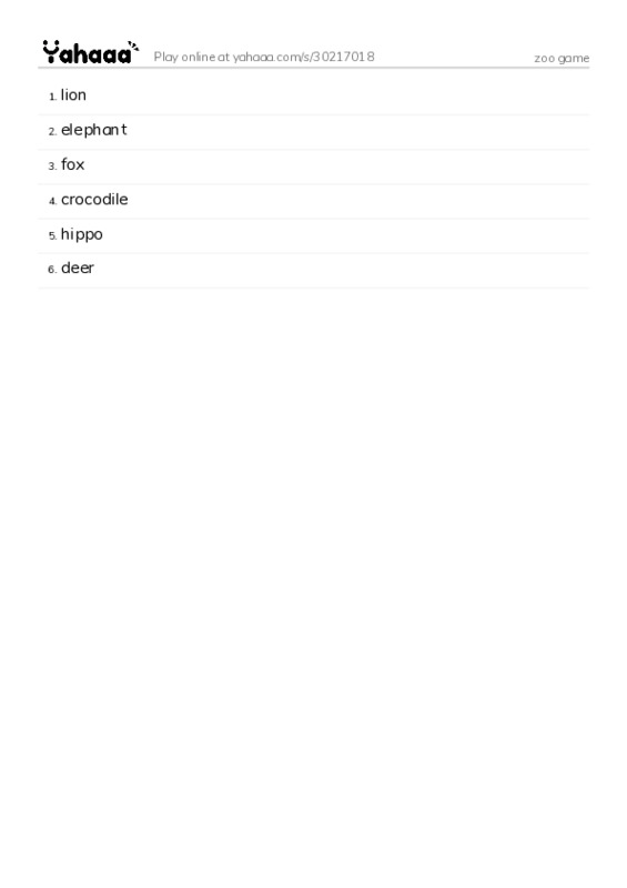 Word list with meanings worksheet for zoo game