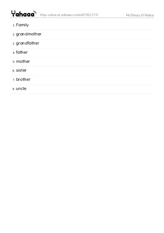 Word list with meanings worksheet for Mr/Ghazy El Nahas