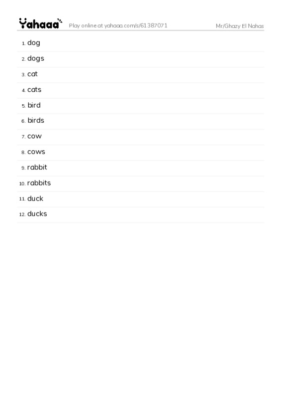 Word list with meanings worksheet for Mr/Ghazy El Nahas