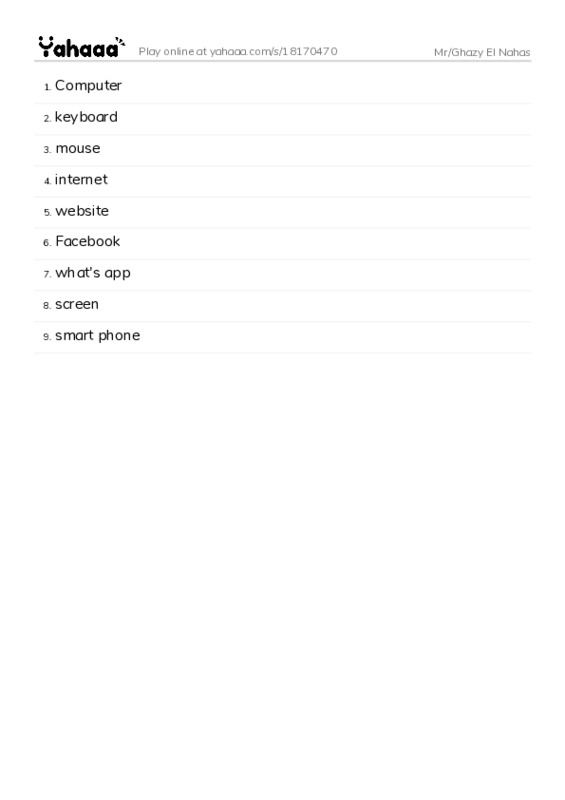 Word list with meanings worksheet for Mr/Ghazy El Nahas