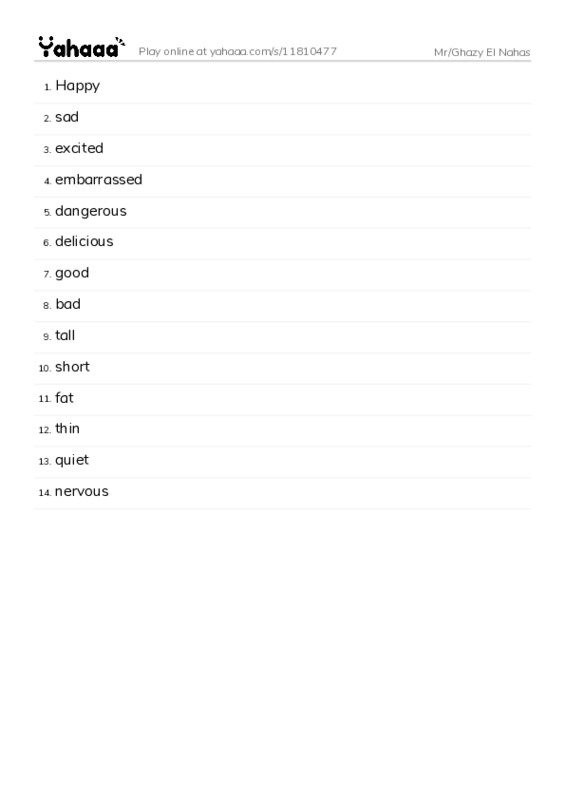 Word list with meanings worksheet for Mr/Ghazy El Nahas 