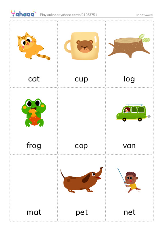 Picture flashcards worksheet for short vowel