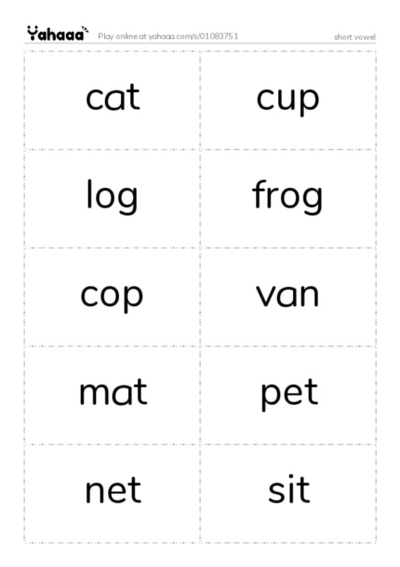 Word flashcards worksheet for short vowel