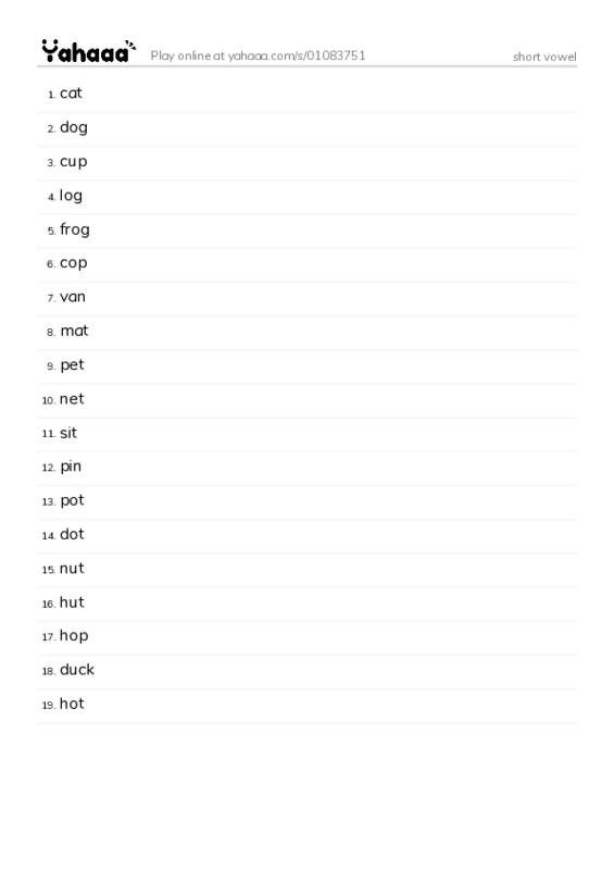 Word list with meanings worksheet for short vowel