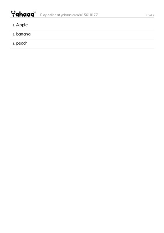Word list with meanings worksheet for Fruits