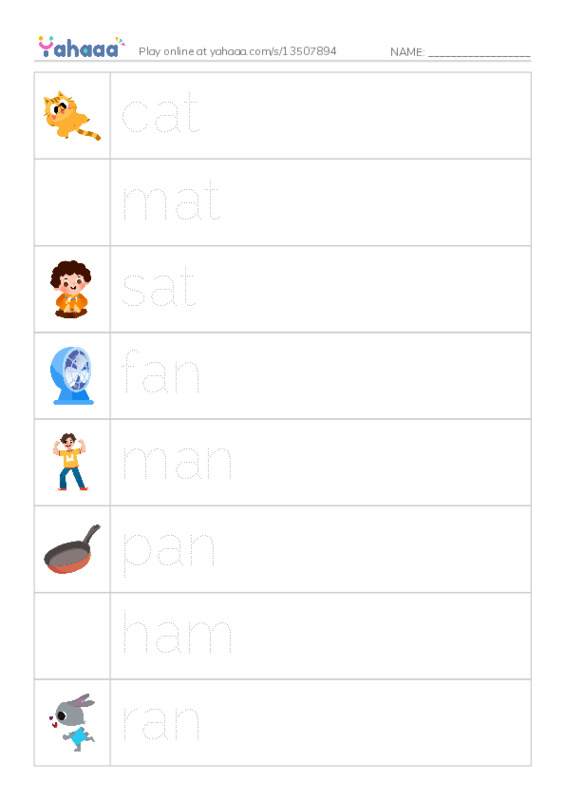 Picture and word rows worksheet for Short vowel/a/
