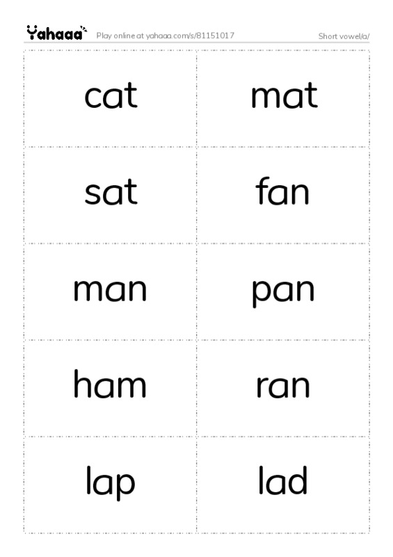 Word flashcards worksheet for Short vowel/a/
