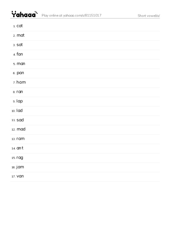 Word list with meanings worksheet for Short vowel/a/