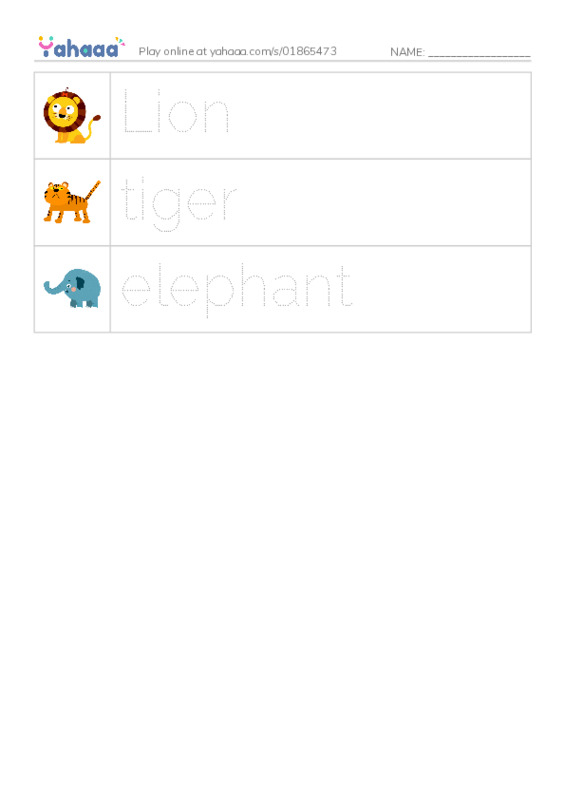 Picture and word rows worksheet for Zoo