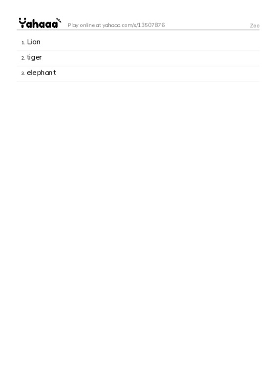 Word list with meanings worksheet for Zoo