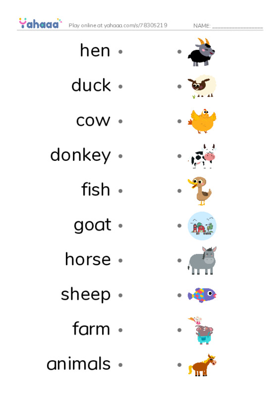 Draw a line to match worksheet for Farm animals