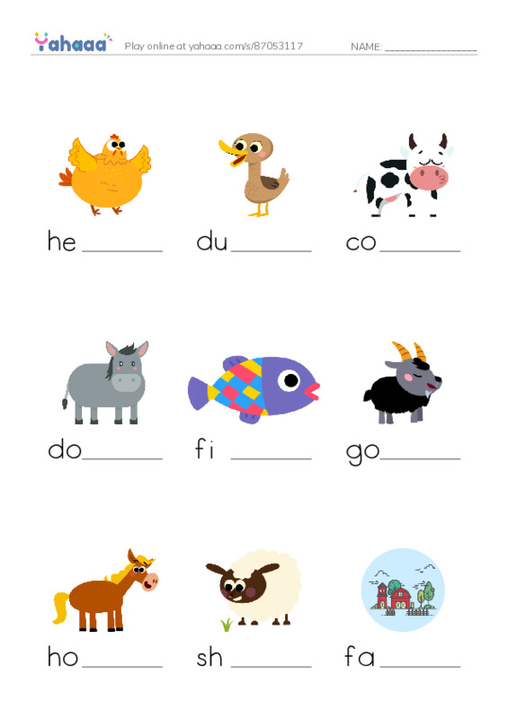 Finish the word worksheet for Farm animals