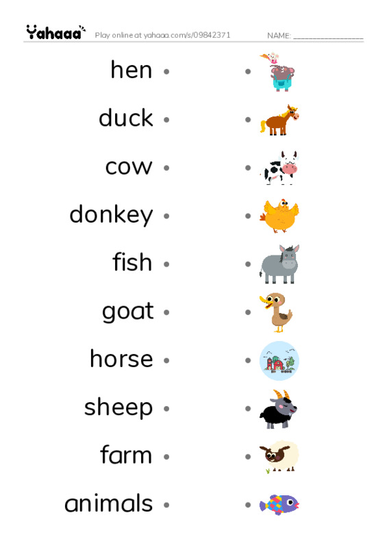 Draw a line to match worksheet for Farm animals