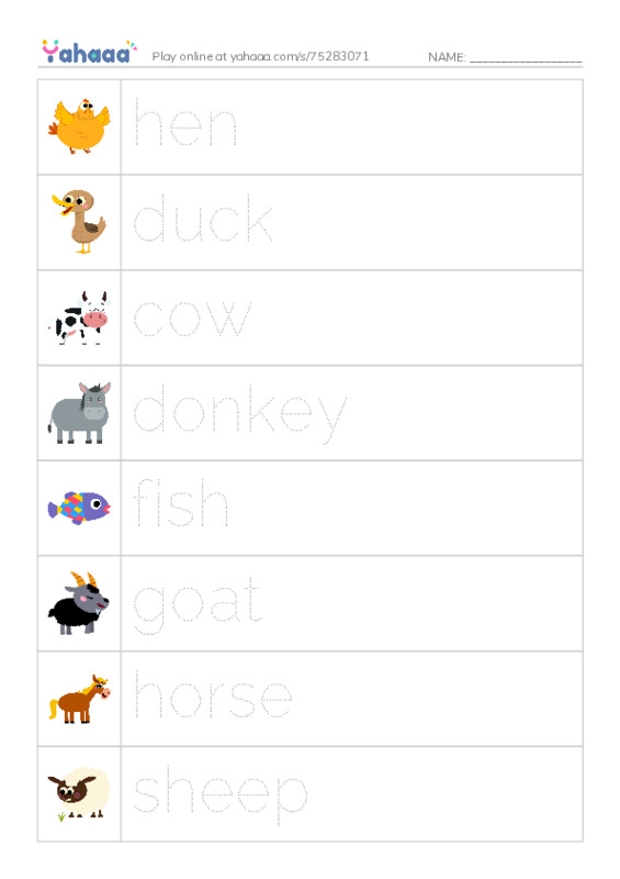 Picture and word rows worksheet for Farm animals
