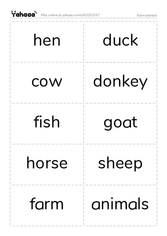 Word flashcards worksheet for Farm animals