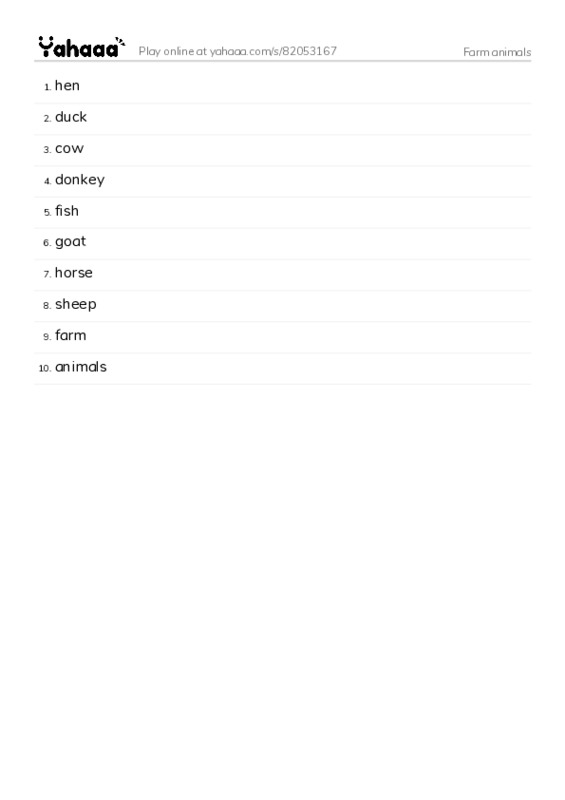 Word list with meanings worksheet for Farm animals