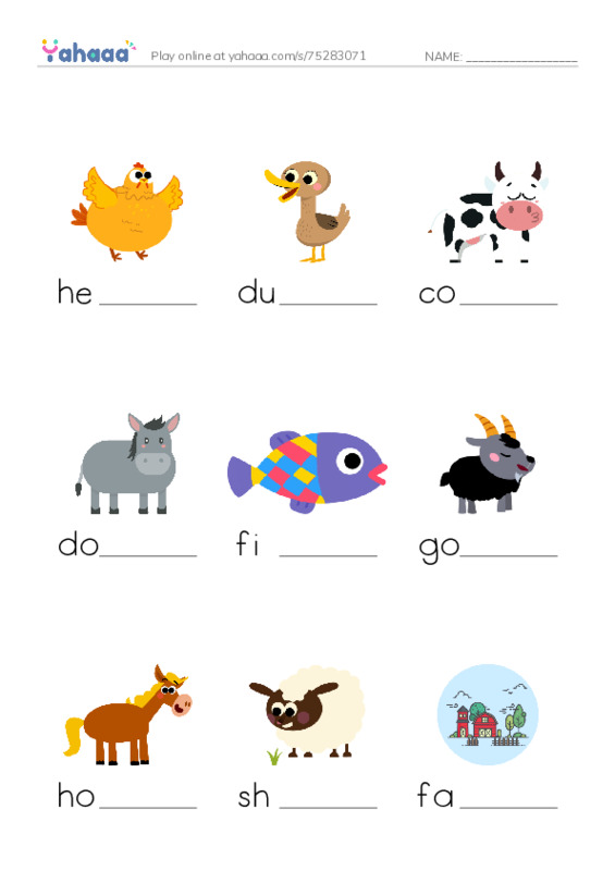 Finish the word worksheet for Farm animals