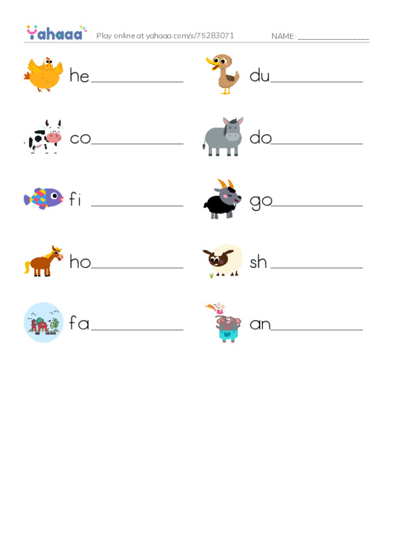 Write the word rows worksheet for Farm animals