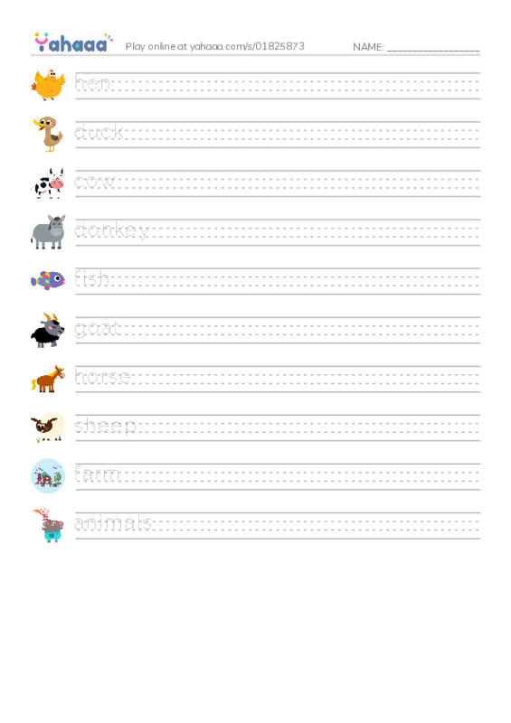 Handwriting lines worksheet for Farm animals