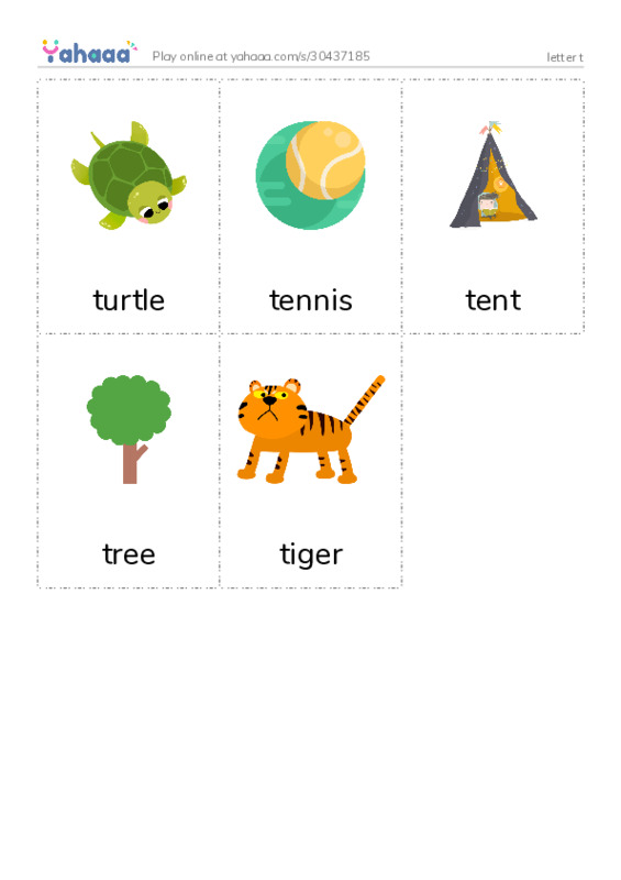 Picture flashcards worksheet for letter t