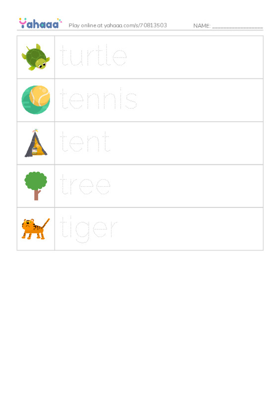 Picture and word rows worksheet for letter t
