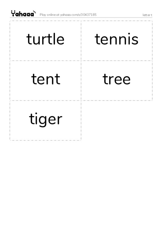 Word flashcards worksheet for letter t