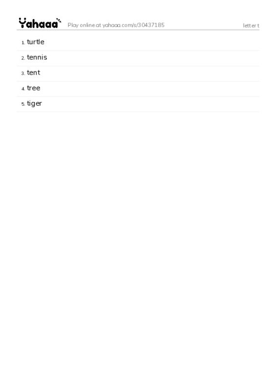 Word list with meanings worksheet for letter t