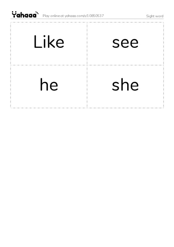 Word flashcards worksheet for Sight word