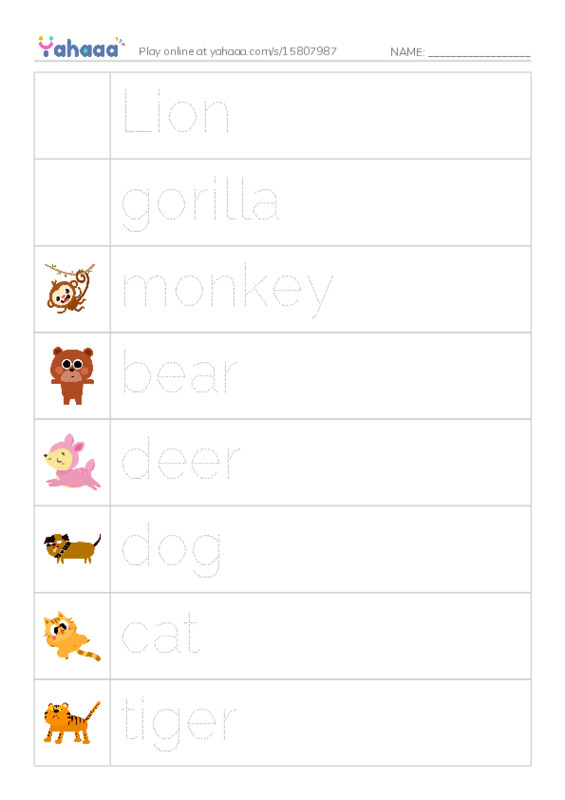Picture and word rows worksheet for Animal games