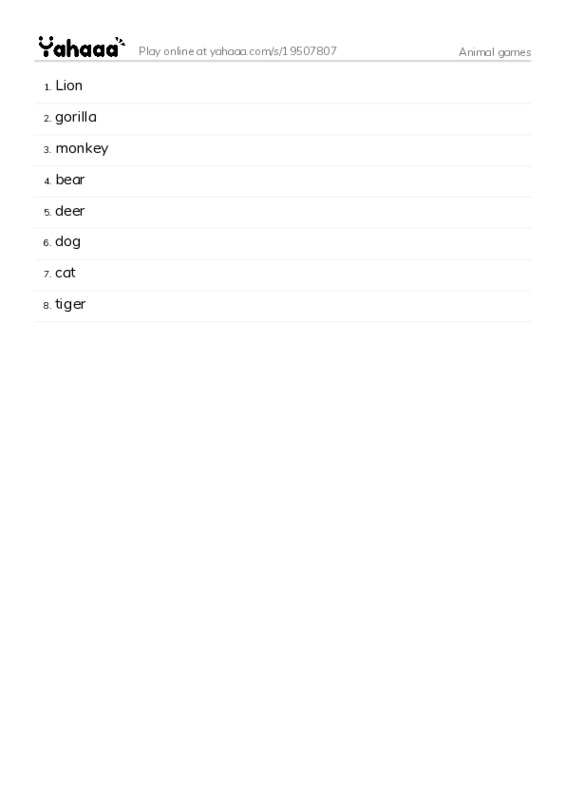 Word list with meanings worksheet for Animal games