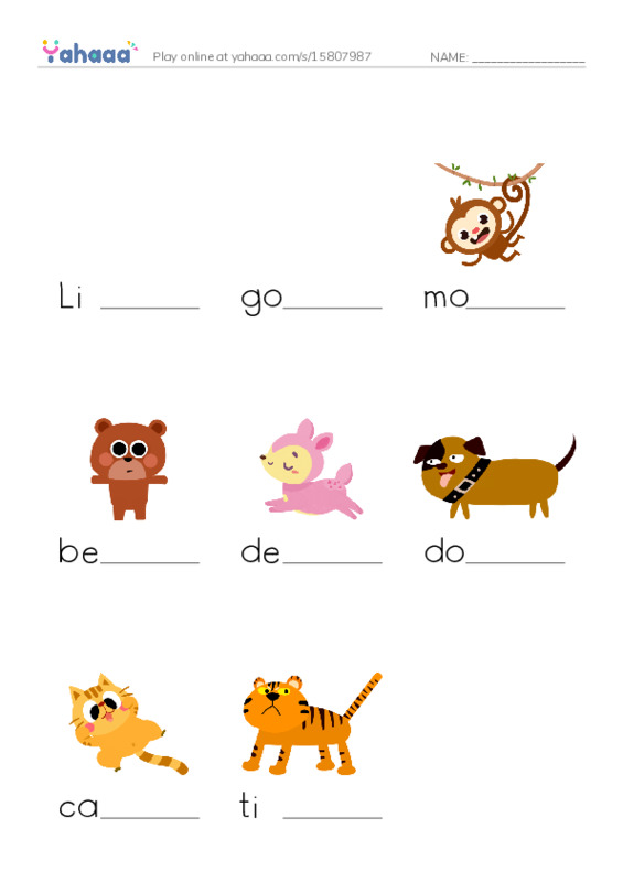 Finish the word worksheet for Animal games