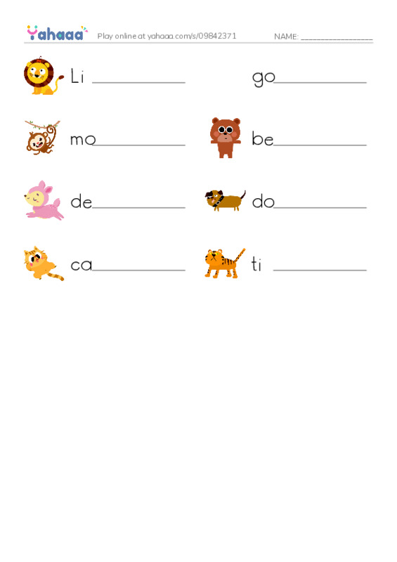 Write the word rows worksheet for Animal games