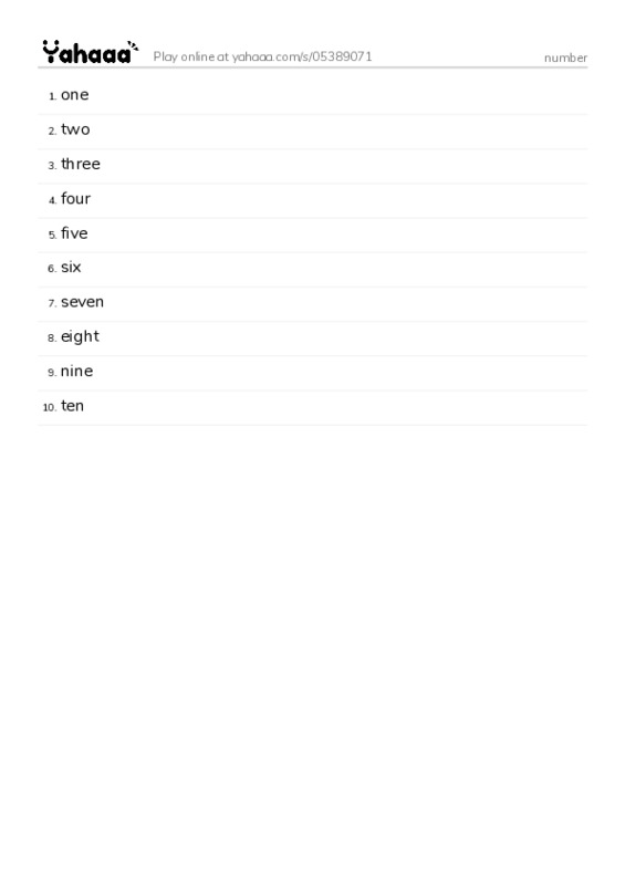 Word list with meanings worksheet for number