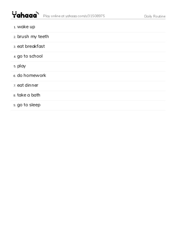 Word list with meanings worksheet for Daily Routine