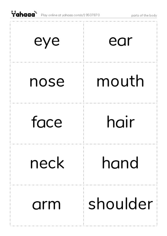 Word flashcards worksheet for parts of the body