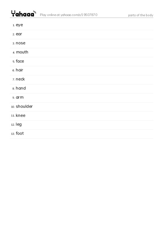 Word list with meanings worksheet for parts of the body