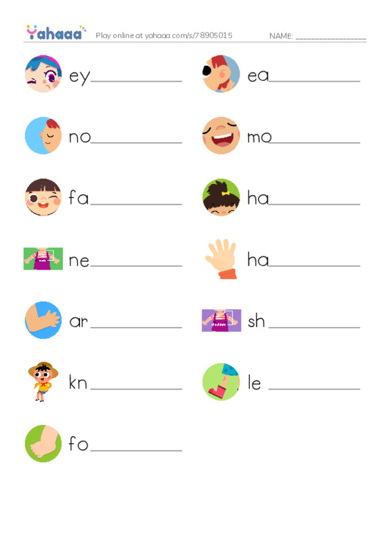 Write the word rows worksheet for parts of the body