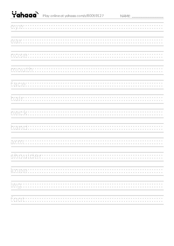 Handwriting lines worksheet for parts of the body