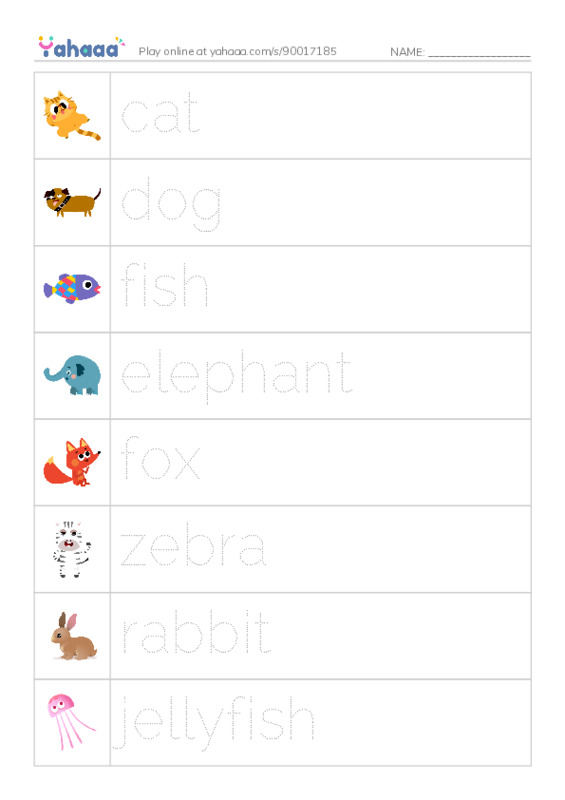 Picture and word rows worksheet for animals