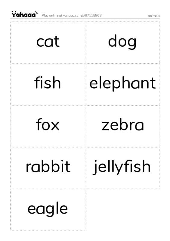 Word flashcards worksheet for animals