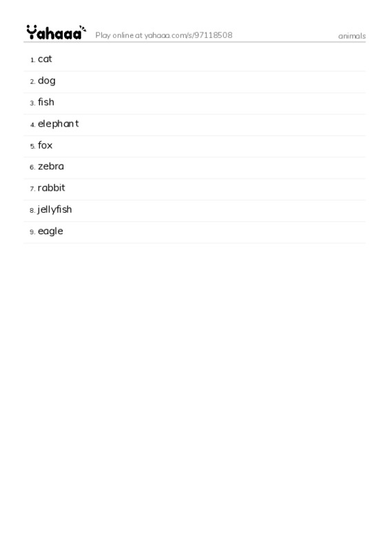 Word list with meanings worksheet for animals