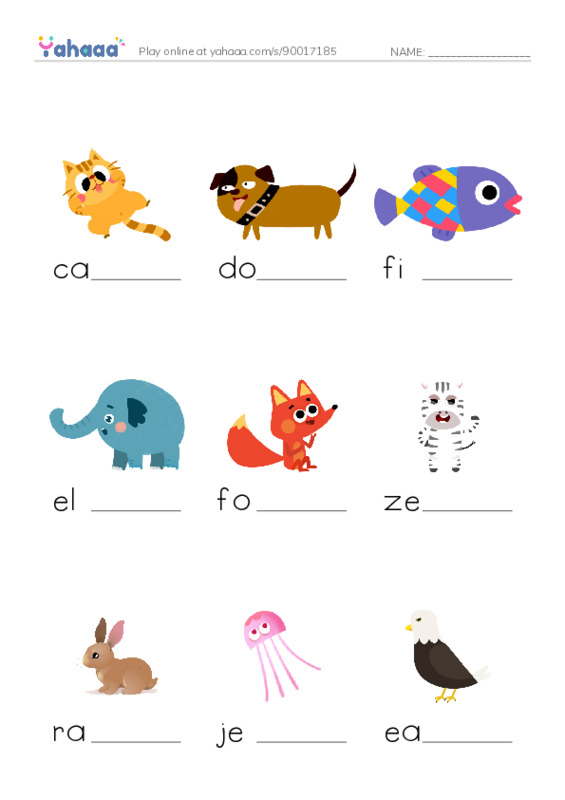 Finish the word worksheet for animals