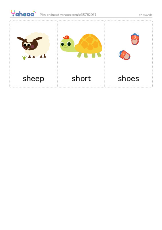 Picture flashcards worksheet for sh words