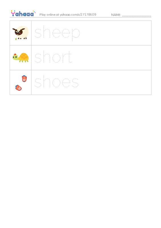 Picture and word rows worksheet for sh words