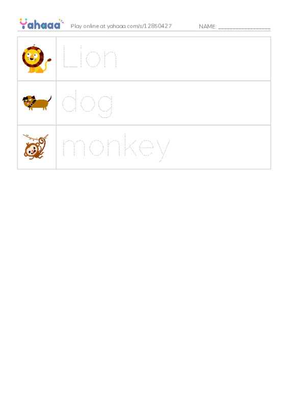 Picture and word rows worksheet for Zoo