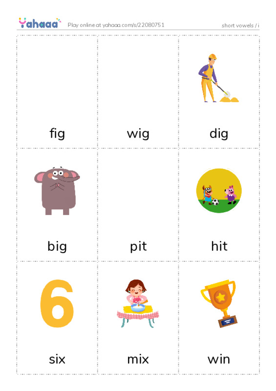Picture flashcards worksheet for short vowels / i