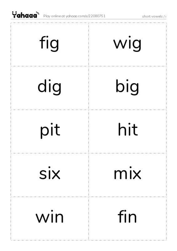 Word flashcards worksheet for short vowels / i